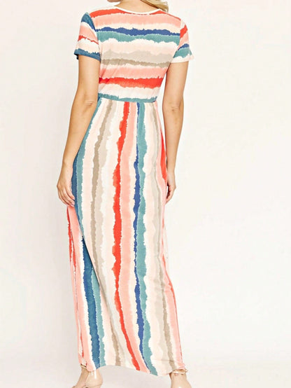 Boho Retro Multi Ditsy Floral Stripe Blue Charcoal Black Coral Short Sleeve Maxi Long Dress With Pocket | S-3X