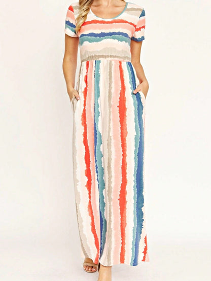Boho Retro Multi Ditsy Floral Stripe Blue Charcoal Black Coral Short Sleeve Maxi Long Dress With Pocket | S-3X