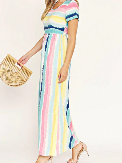 Boho Retro Multi Ditsy Floral Stripe Blue Charcoal Black Coral Short Sleeve Maxi Long Dress With Pocket | S-3X