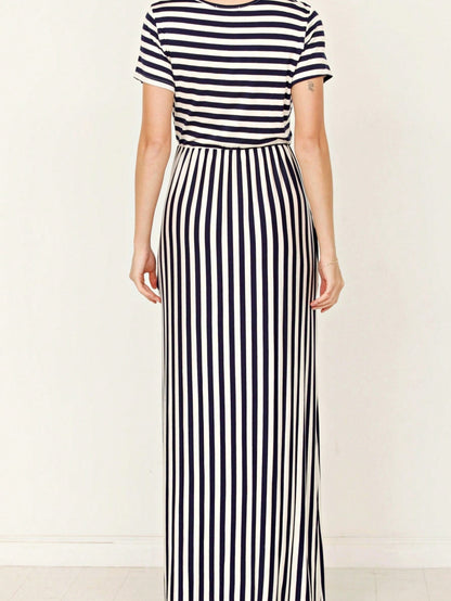 Boho Retro Multi Ditsy Floral Stripe Blue Charcoal Black Coral Short Sleeve Maxi Long Dress With Pocket | S-3X