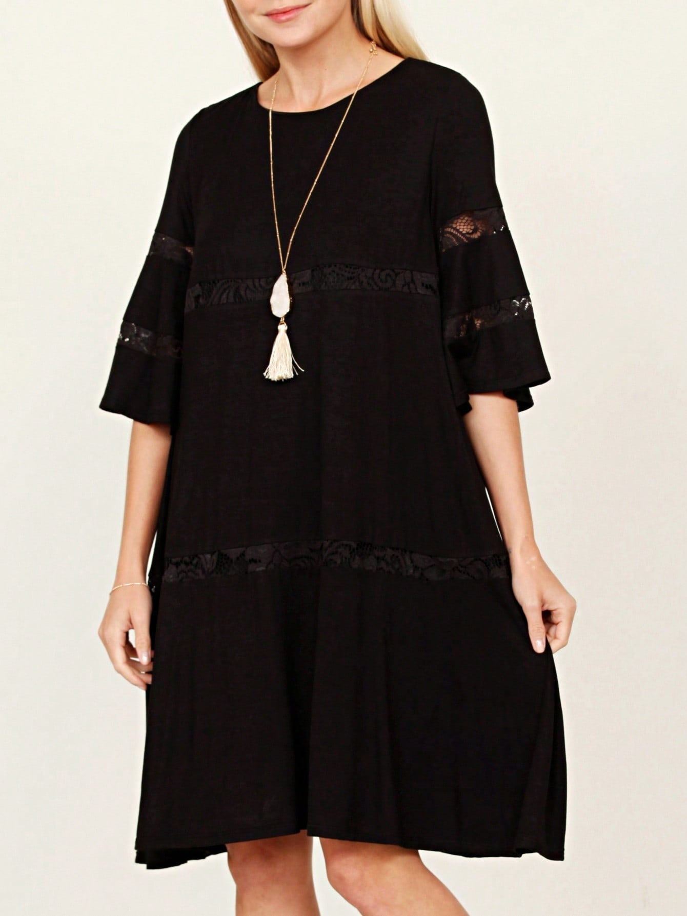 Boho Retro Burgundy  Red Lace Fit And Flare Three-Quarter Sleeve Lace