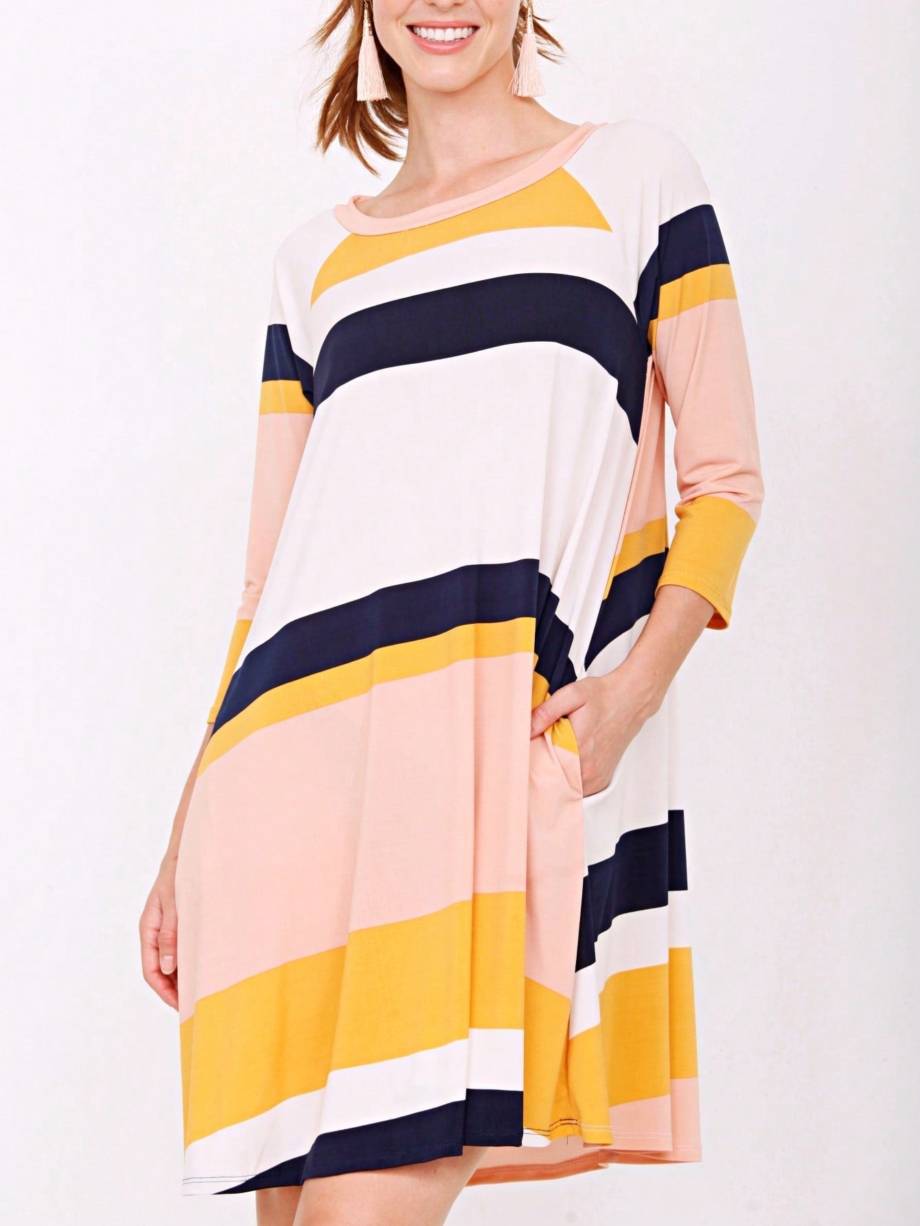 Boho Retro Stripe Pink Tassel Rayon Cool Smooth Soft Tunic Dress Top Shirt Blouse