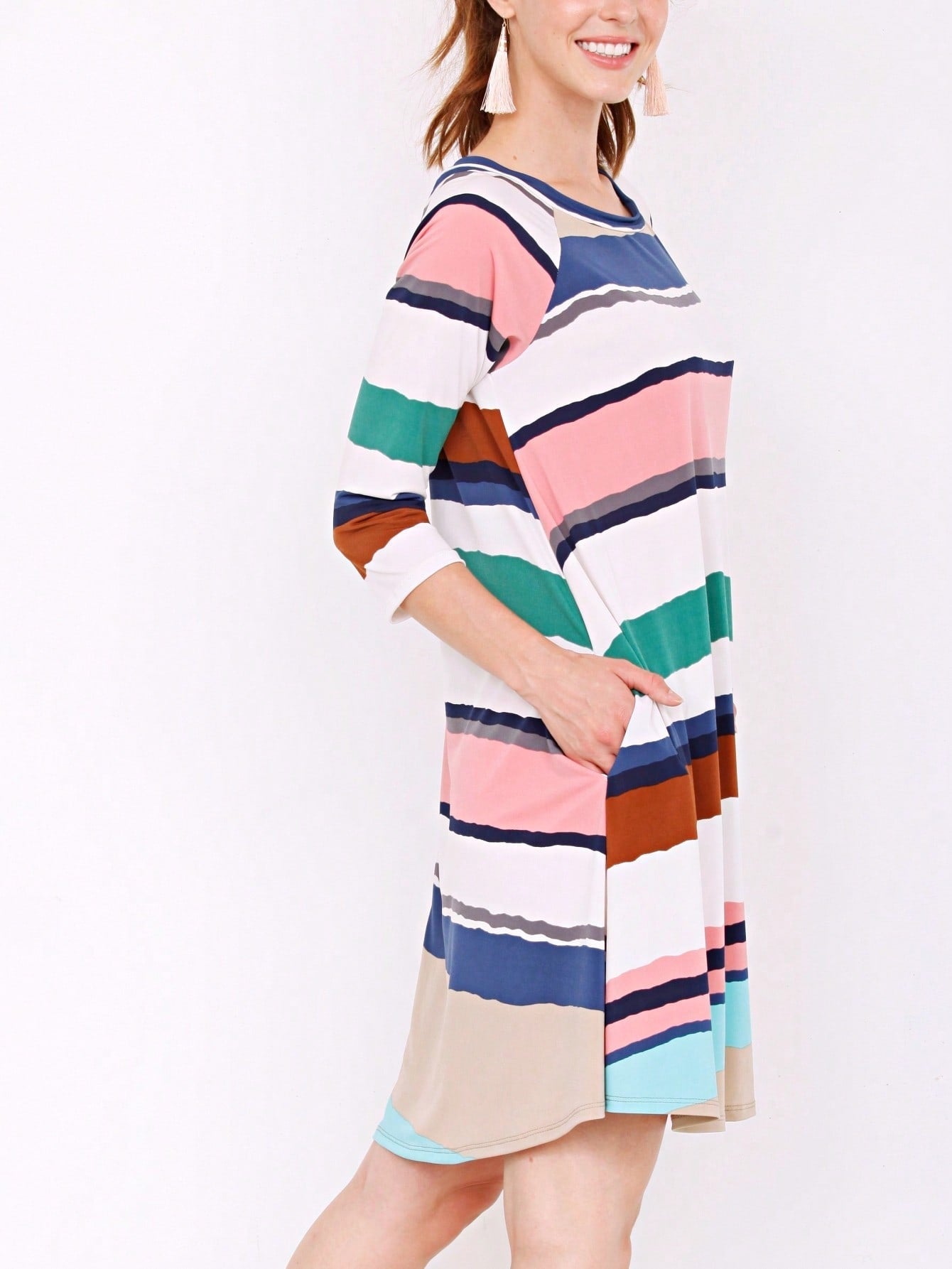 Boho Retro Stripe Pink Tassel Rayon Cool Smooth Soft Tunic Dress Top Shirt Blouse
