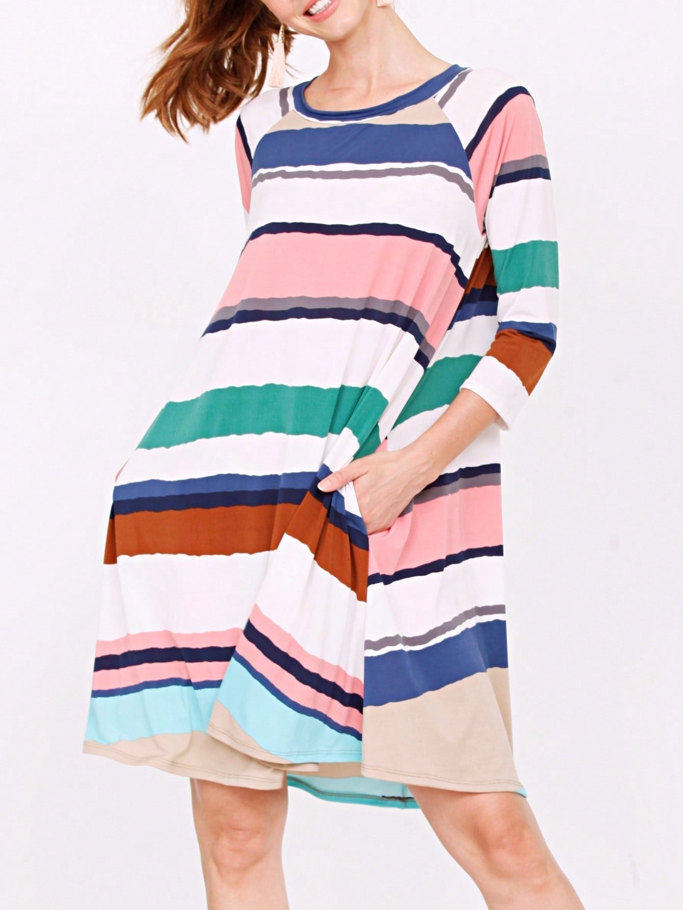 Boho Retro Stripe Pink Tassel Rayon Cool Smooth Soft Tunic Dress Top Shirt Blouse