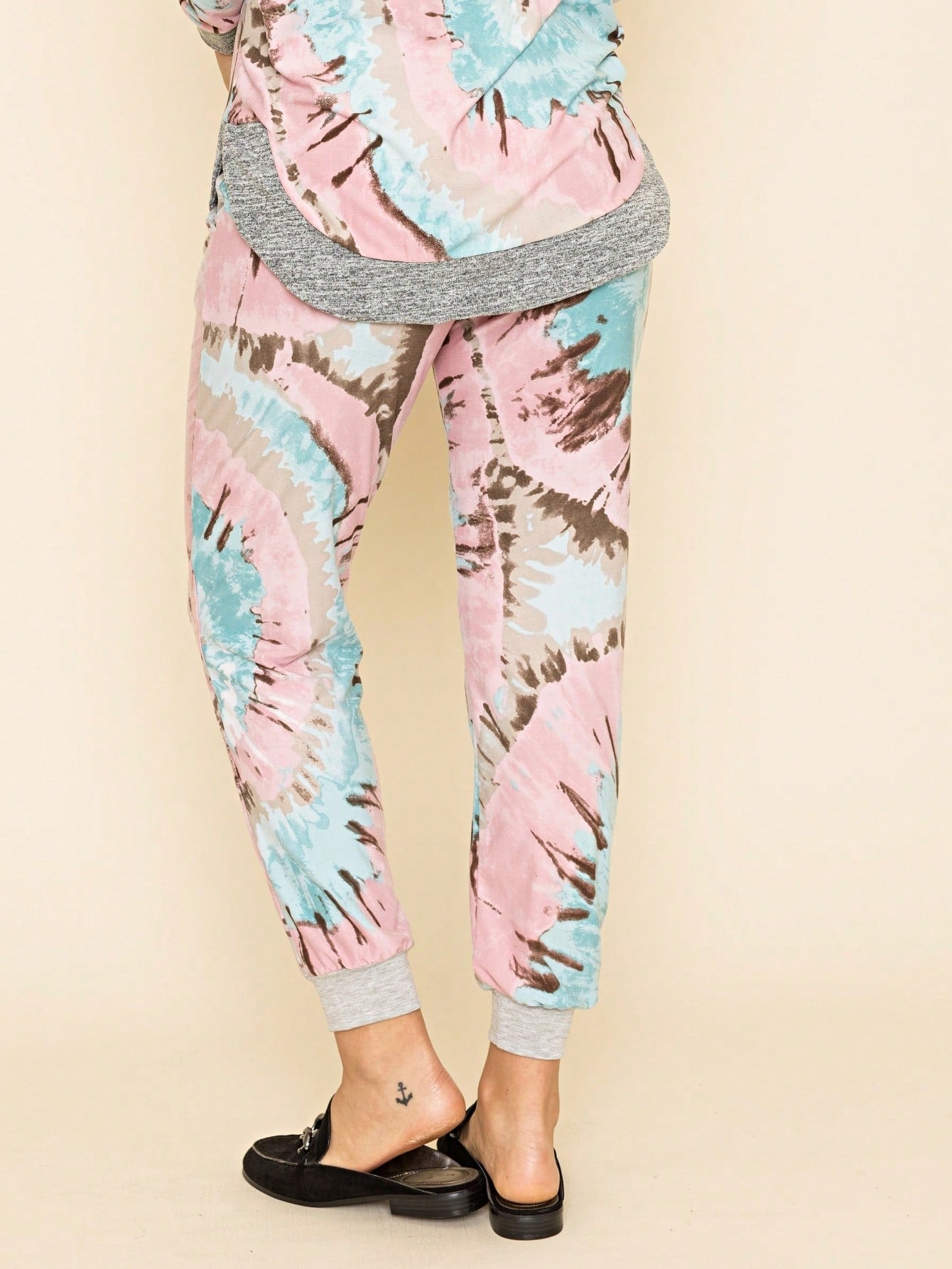 Boho Retro 90's Tie Dye Pink Blue Solid Olive Navy Black Charcoal  Grey Shirred Ruched Cuff  Jogger Pants With Drawstring And Pocket