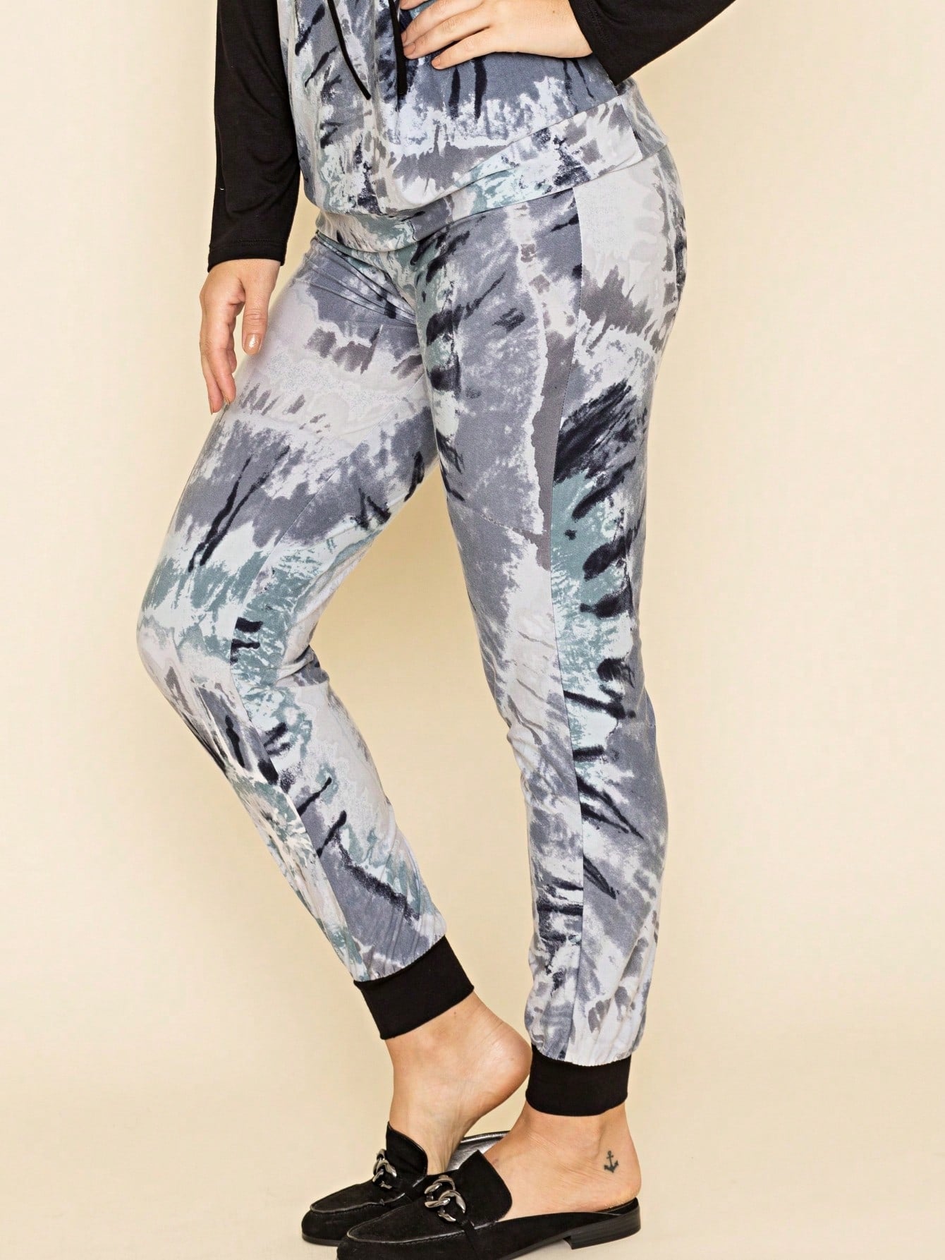 Boho Retro 90's Tie Dye Pink Blue Solid Olive Navy Black Charcoal  Grey Shirred Ruched Cuff  Jogger Pants With Drawstring And Pocket