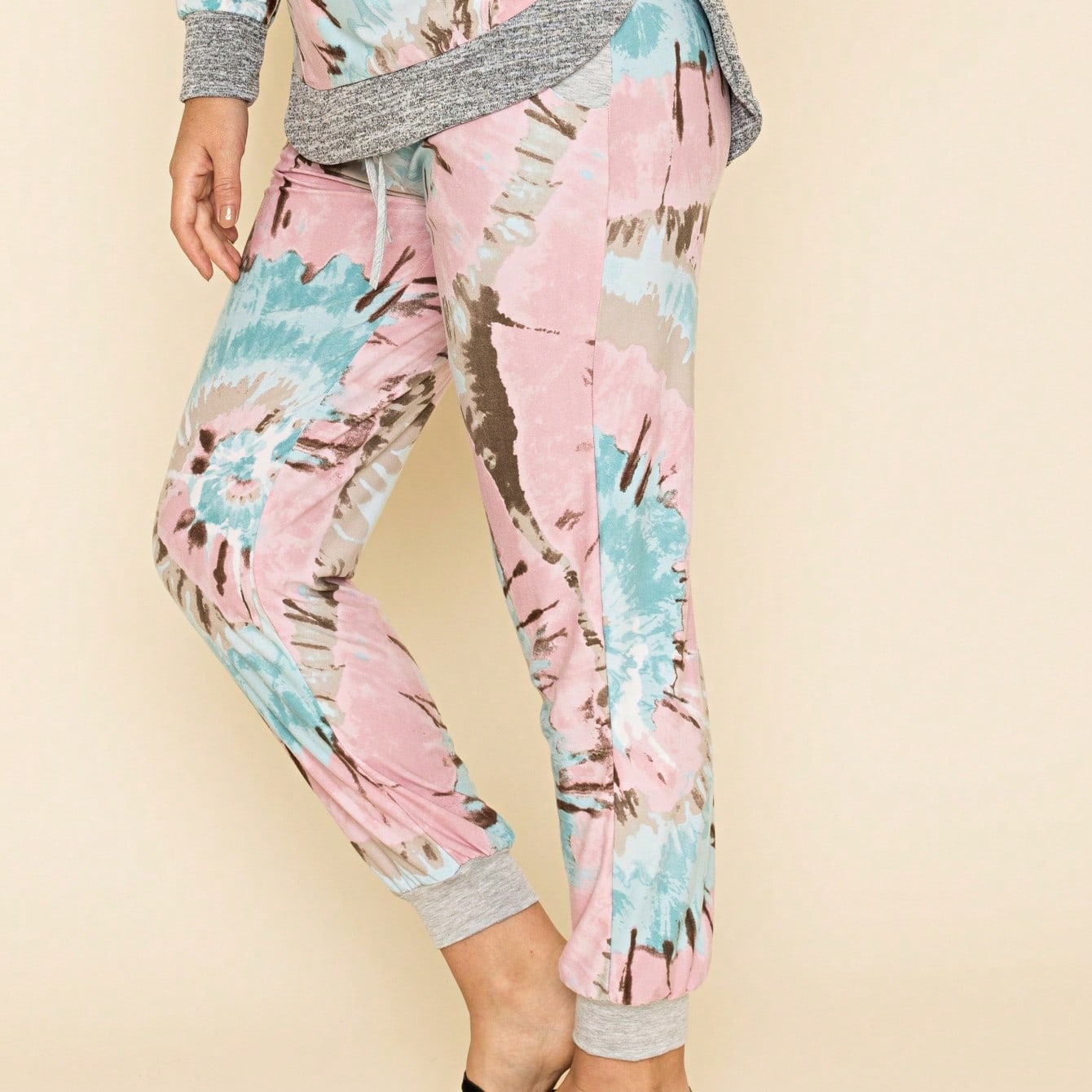 Boho Retro 90's Tie Dye Pink Blue Solid Olive Navy Black Charcoal  Grey Shirred Ruched Cuff  Jogger Pants With Drawstring And Pocket