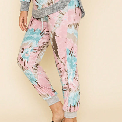 Boho Retro 90's Tie Dye Pink Blue Solid Olive Navy Black Charcoal  Grey Shirred Ruched Cuff  Jogger Pants With Drawstring And Pocket