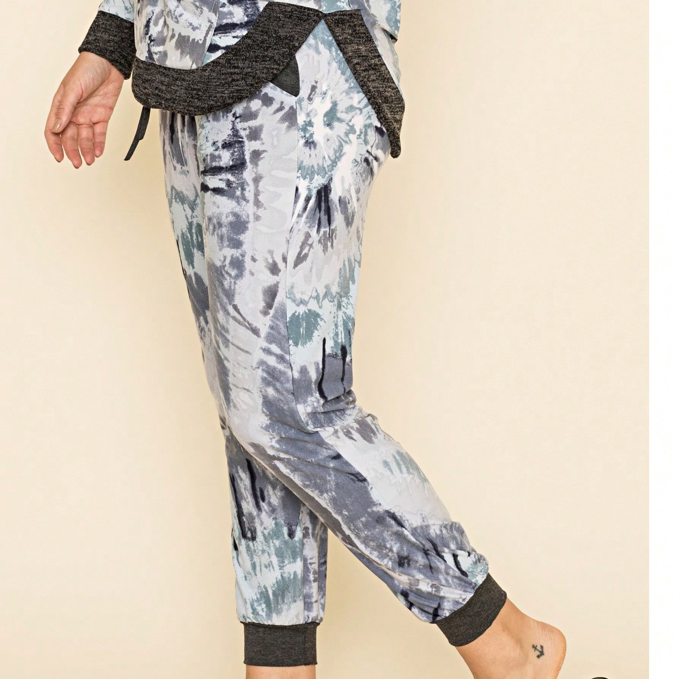 Boho Retro 90's Tie Dye Pink Blue Solid Olive Navy Black Charcoal  Grey Shirred Ruched Cuff  Jogger Pants With Drawstring And Pocket