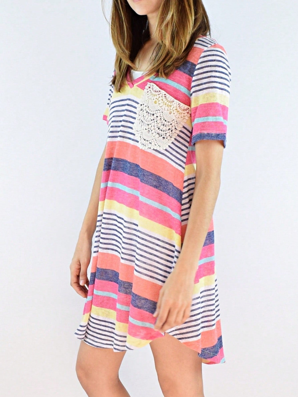 Boho Retro Rayon Cool Soft Summer Cuff Short Sleeve Crew Neck T Shirt Mini Dress Tunic With Pockets