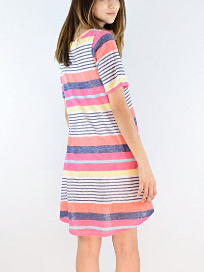 Boho Retro Rayon Cool Soft Summer Cuff Short Sleeve Crew Neck T Shirt Mini Dress Tunic With Pockets