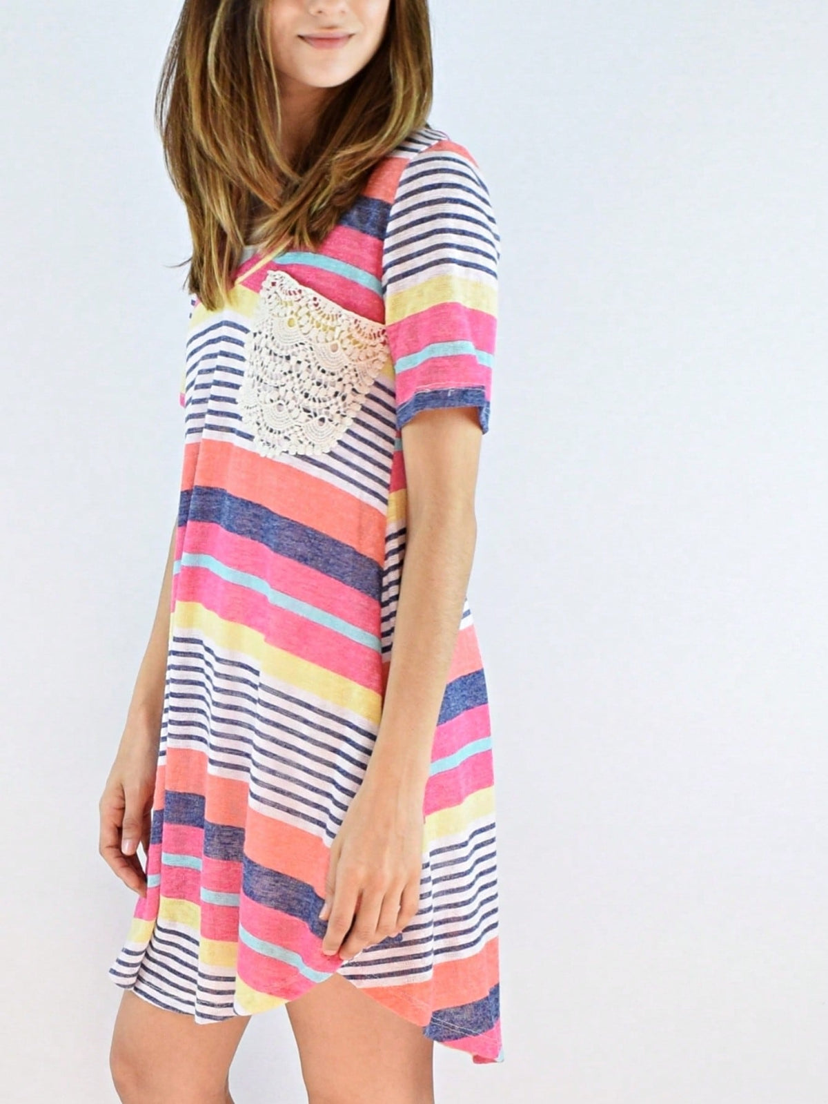 Boho Retro Rayon Cool Soft Summer Cuff Short Sleeve Crew Neck T Shirt Mini Dress Tunic With Pockets