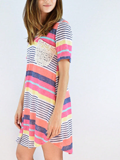 Boho Retro Rayon Cool Soft Summer Cuff Short Sleeve Crew Neck T Shirt Mini Dress Tunic With Pockets