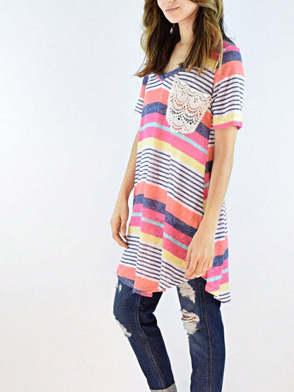 Boho Retro Rayon Cool Soft Summer Cuff Short Sleeve Crew Neck T Shirt Mini Dress Tunic With Pockets