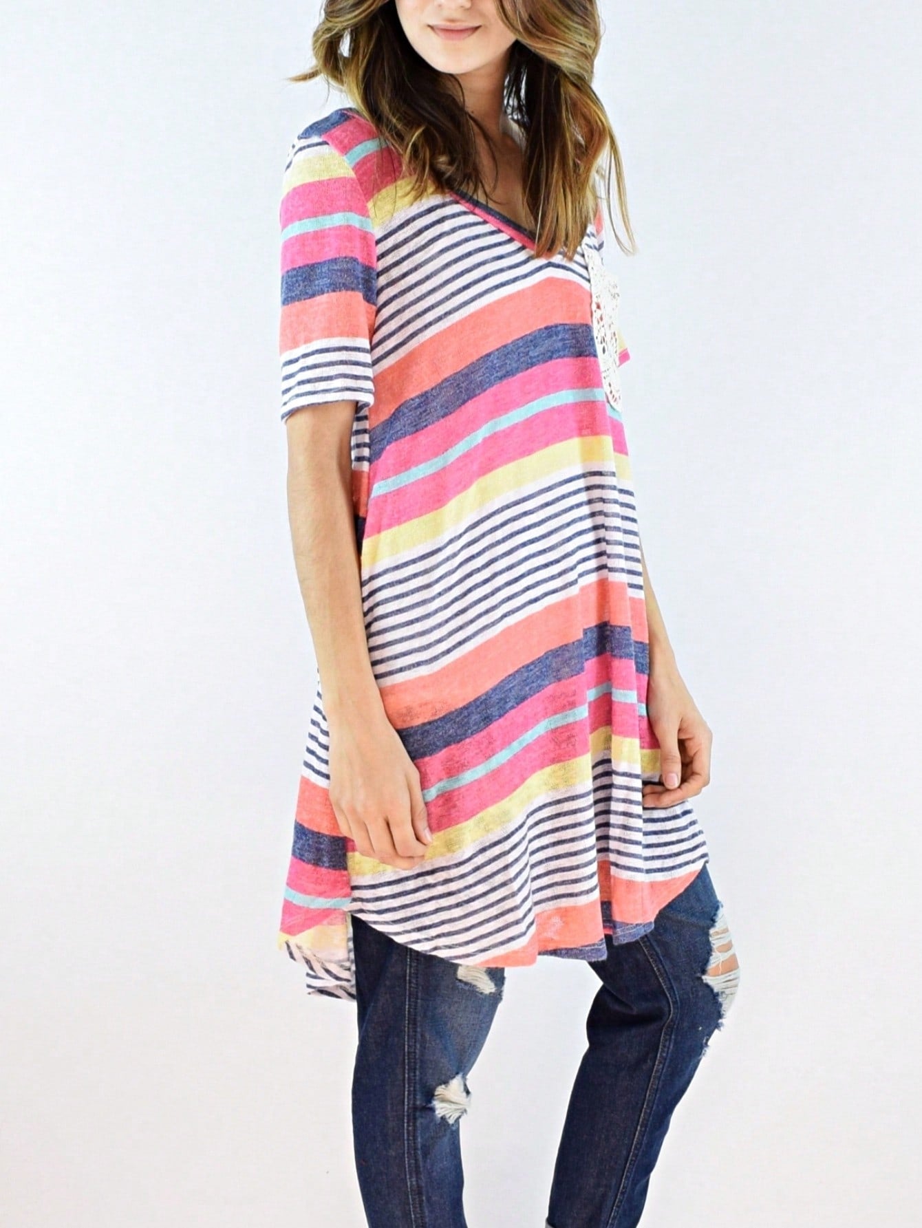 Boho Retro Rayon Cool Soft Summer Cuff Short Sleeve Crew Neck T Shirt Mini Dress Tunic With Pockets