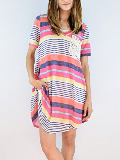 Boho Retro Rayon Cool Soft Summer Cuff Short Sleeve Crew Neck T Shirt Mini Dress Tunic With Pockets