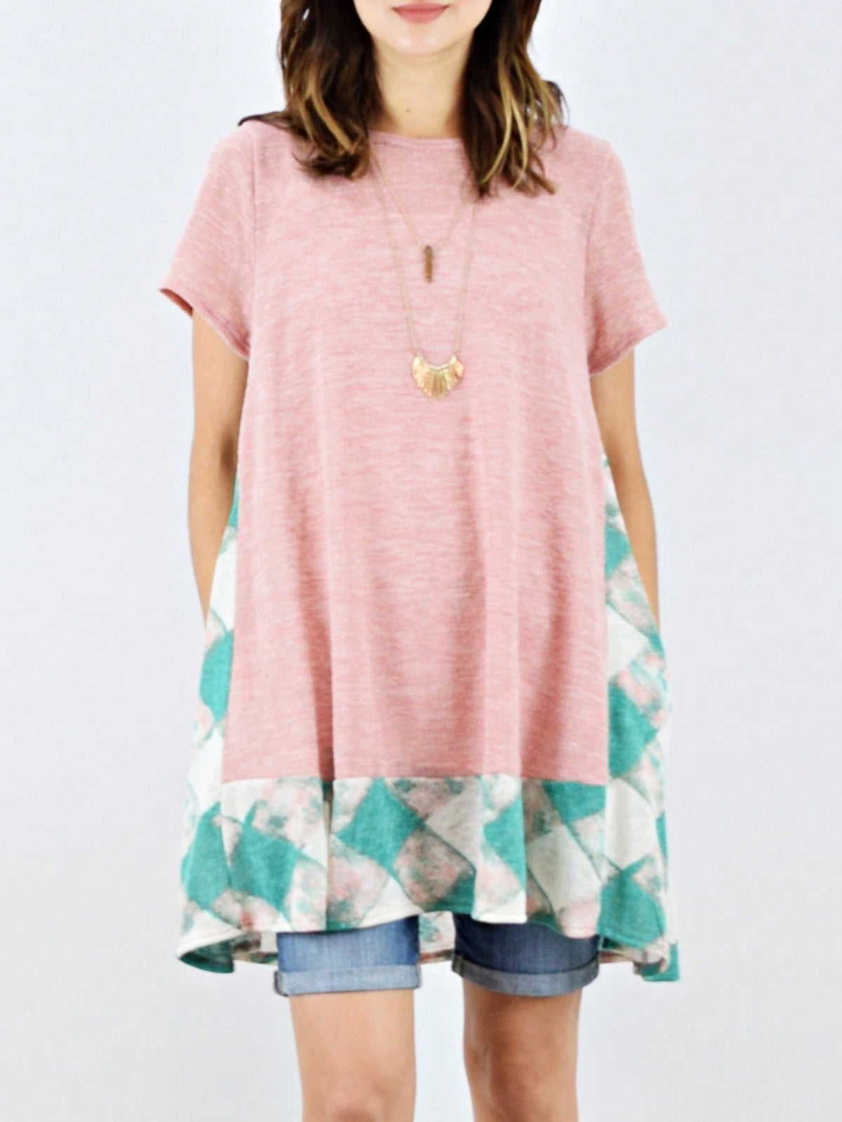 Boho Retro Rayon Cool Soft Summer Cuff Short Sleeve Crew Neck T Shirt Mini Dress Tunic With Pockets