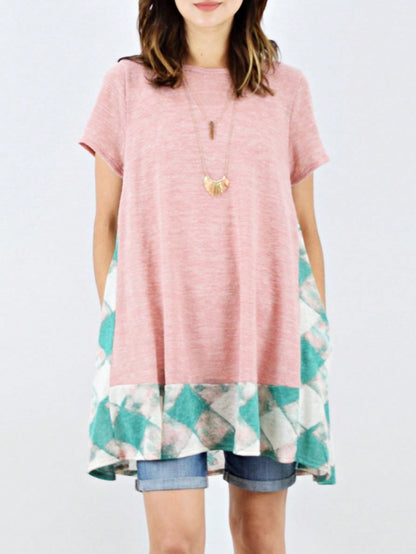 Boho Retro Rayon Cool Soft Summer Cuff Short Sleeve Crew Neck T Shirt Mini Dress Tunic With Pockets