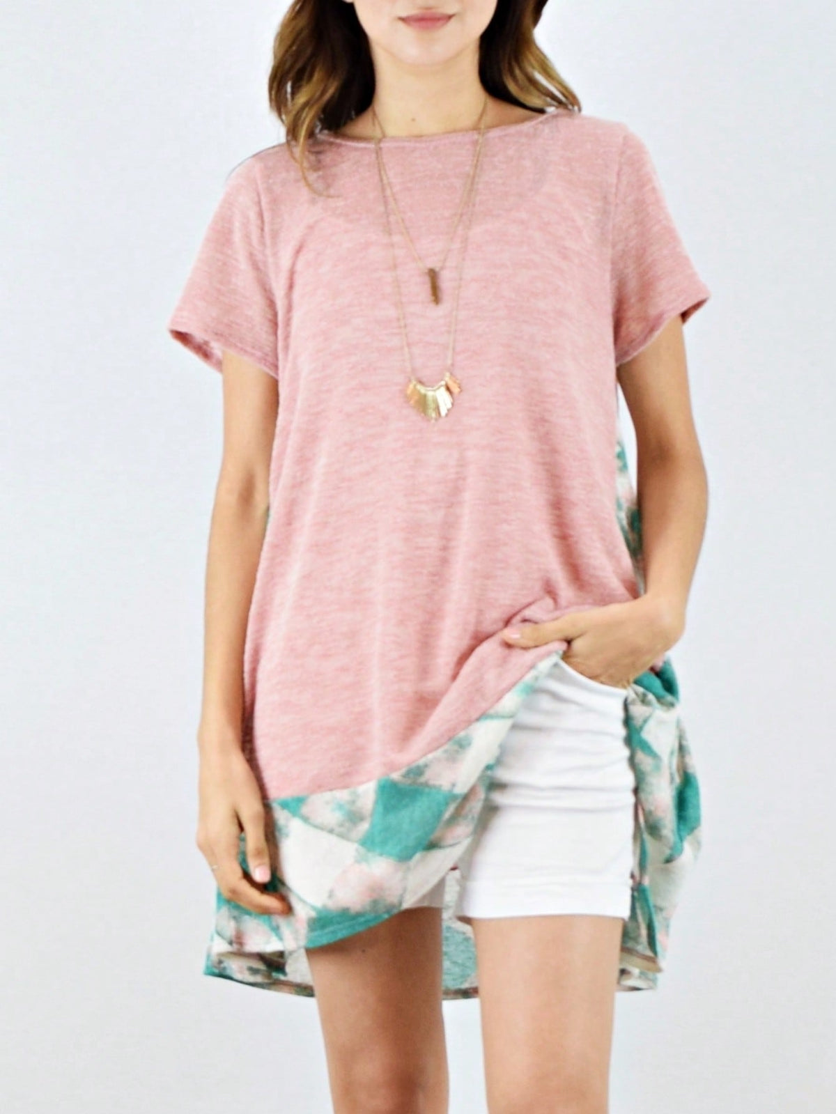 Boho Retro Rayon Cool Soft Summer Cuff Short Sleeve Crew Neck T Shirt Mini Dress Tunic With Pockets
