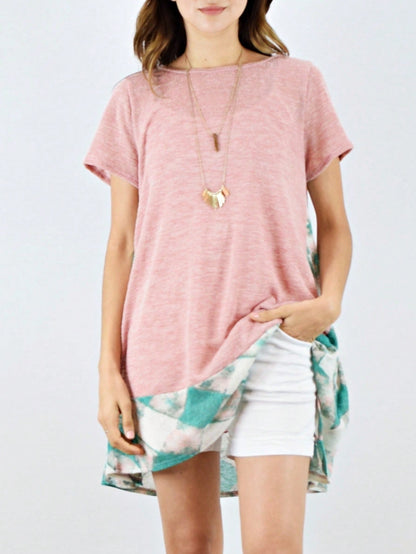 Boho Retro Rayon Cool Soft Summer Cuff Short Sleeve Crew Neck T Shirt Mini Dress Tunic With Pockets