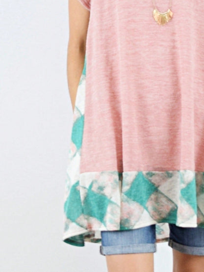 Boho Retro Rayon Cool Soft Summer Cuff Short Sleeve Crew Neck T Shirt Mini Dress Tunic With Pockets