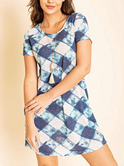 Boho Retro Rayon Cool Soft Summer Cuff Short Sleeve Crew Neck T Shirt Mini Dress Tunic With Pockets