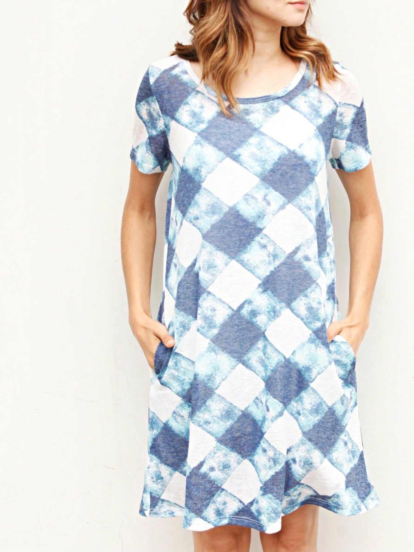 Boho Retro Rayon Cool Soft Summer Cuff Short Sleeve Crew Neck T Shirt Mini Dress Tunic With Pockets