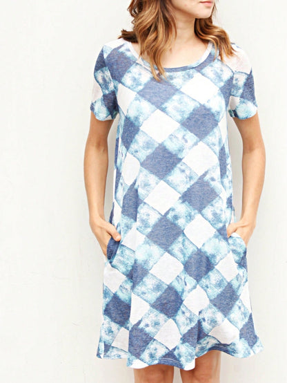 Boho Retro Rayon Cool Soft Summer Cuff Short Sleeve Crew Neck T Shirt Mini Dress Tunic With Pockets