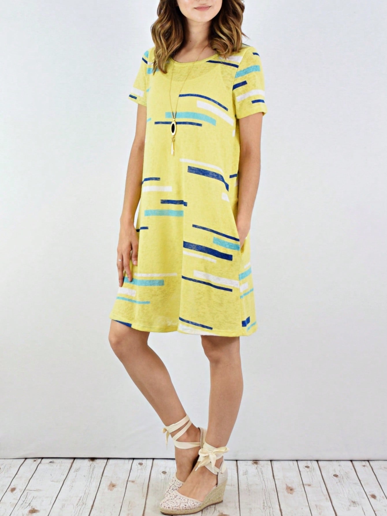 Boho Retro Rayon Cool Soft Summer Cuff Short Sleeve Crew Neck T Shirt Mini Dress Tunic With Pockets