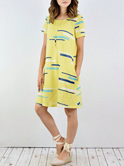 Boho Retro Rayon Cool Soft Summer Cuff Short Sleeve Crew Neck T Shirt Mini Dress Tunic With Pockets