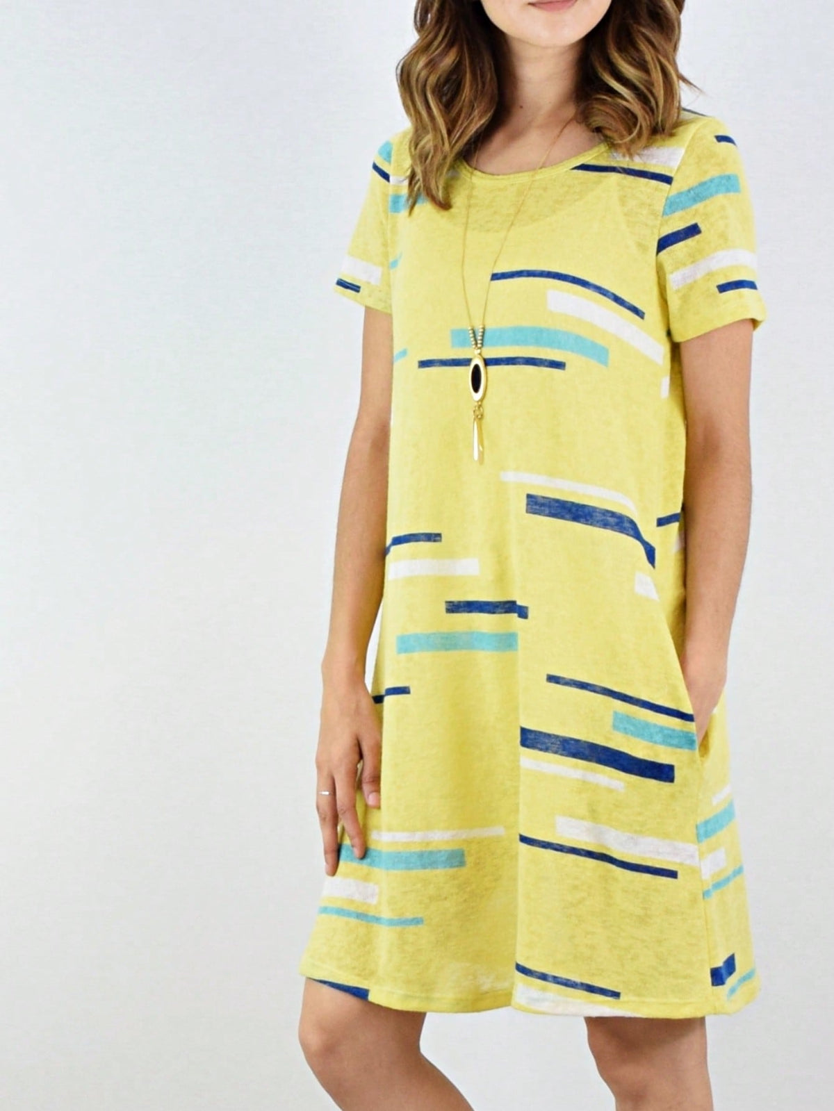 Boho Retro Rayon Cool Soft Summer Cuff Short Sleeve Crew Neck T Shirt Mini Dress Tunic With Pockets