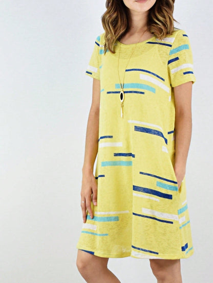 Boho Retro Rayon Cool Soft Summer Cuff Short Sleeve Crew Neck T Shirt Mini Dress Tunic With Pockets