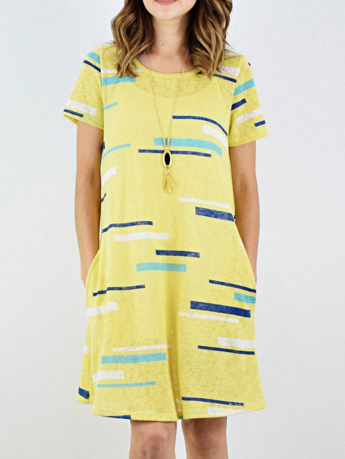 Boho Retro Rayon Cool Soft Summer Cuff Short Sleeve Crew Neck T Shirt Mini Dress Tunic With Pockets