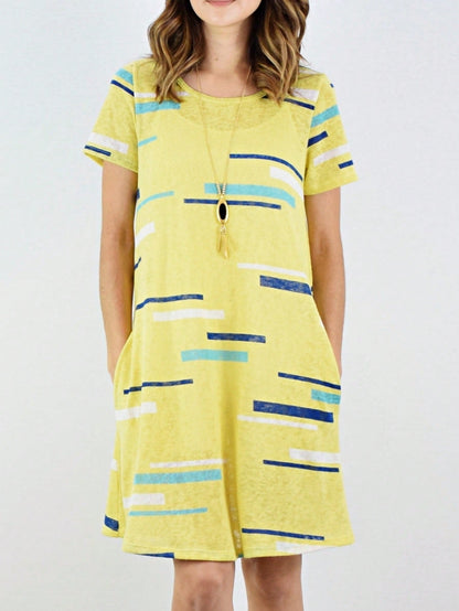 Boho Retro Rayon Cool Soft Summer Cuff Short Sleeve Crew Neck T Shirt Mini Dress Tunic With Pockets