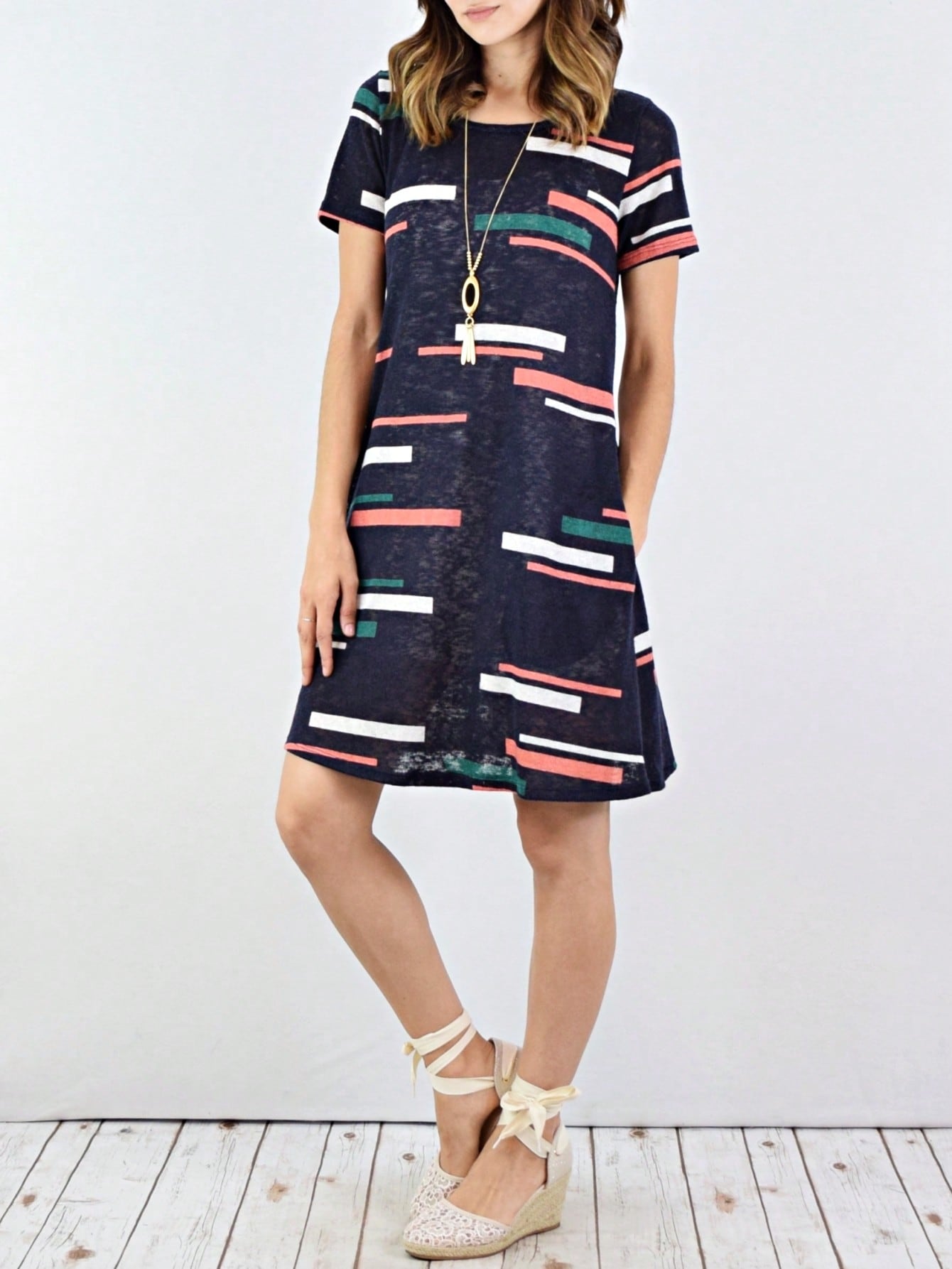 Boho Retro Rayon Cool Soft Summer Cuff Short Sleeve Crew Neck T Shirt Mini Dress Tunic With Pockets