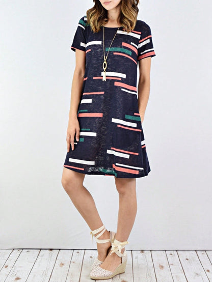 Boho Retro Rayon Cool Soft Summer Cuff Short Sleeve Crew Neck T Shirt Mini Dress Tunic With Pockets