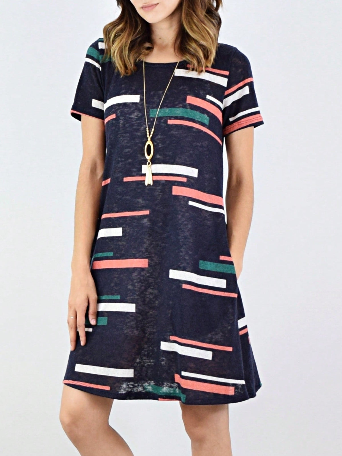 Boho Retro Rayon Cool Soft Summer Cuff Short Sleeve Crew Neck T Shirt Mini Dress Tunic With Pockets