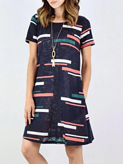 Boho Retro Rayon Cool Soft Summer Cuff Short Sleeve Crew Neck T Shirt Mini Dress Tunic With Pockets