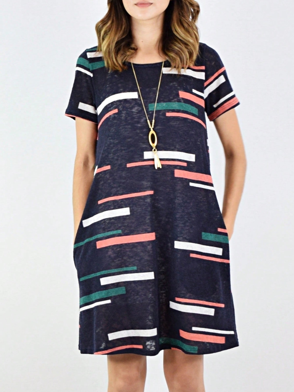 Boho Retro Rayon Cool Soft Summer Cuff Short Sleeve Crew Neck T Shirt Mini Dress Tunic With Pockets