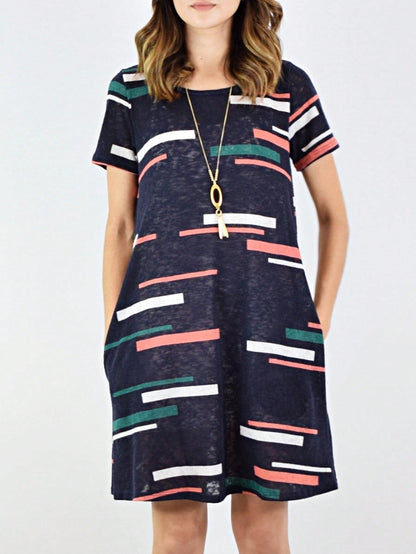 Boho Retro Rayon Cool Soft Summer Cuff Short Sleeve Crew Neck T Shirt Mini Dress Tunic With Pockets