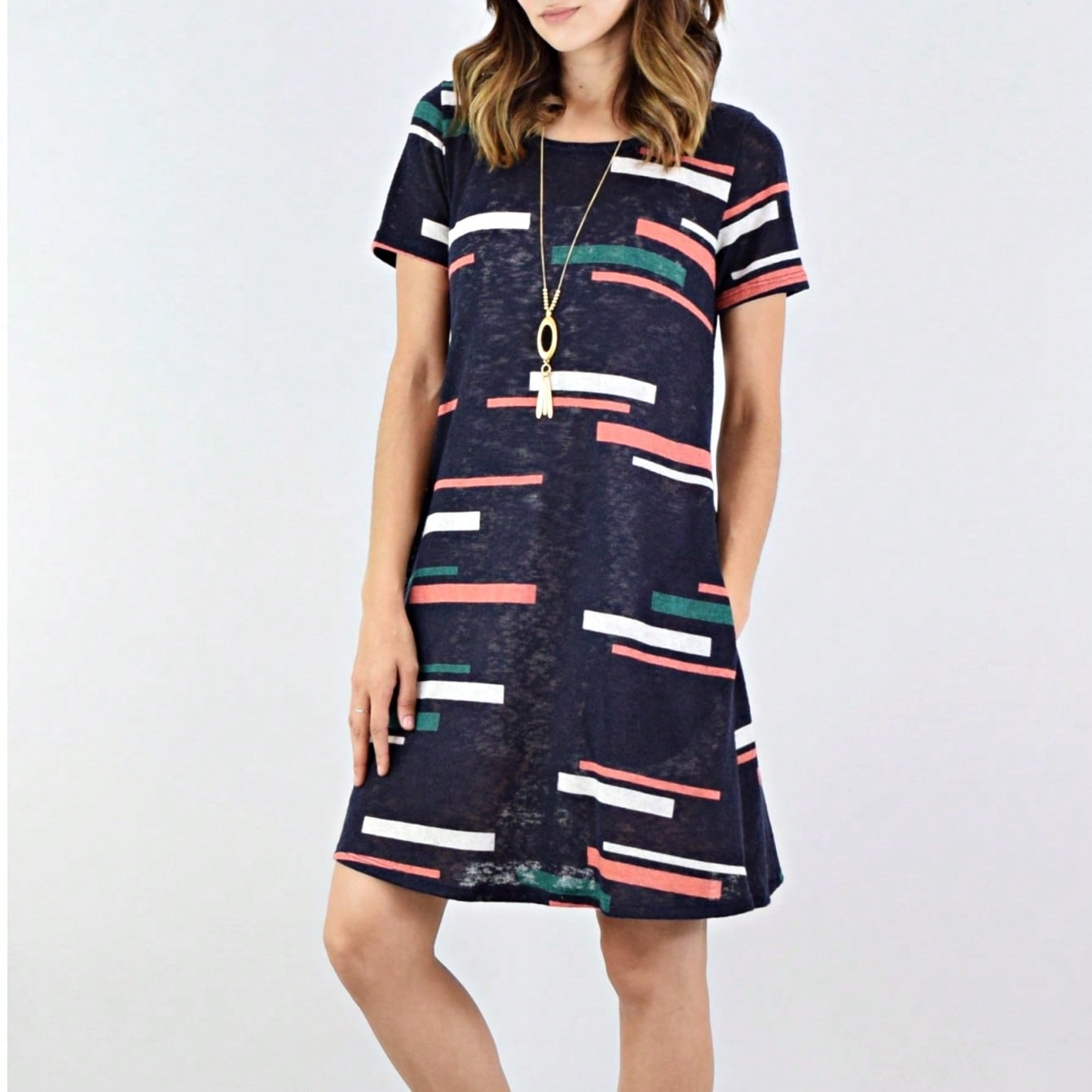 Boho Retro Rayon Cool Soft Summer Cuff Short Sleeve Crew Neck T Shirt Mini Dress Tunic With Pockets