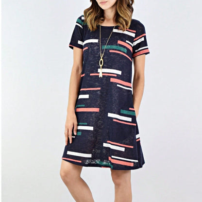Boho Retro Rayon Cool Soft Summer Cuff Short Sleeve Crew Neck T Shirt Mini Dress Tunic With Pockets