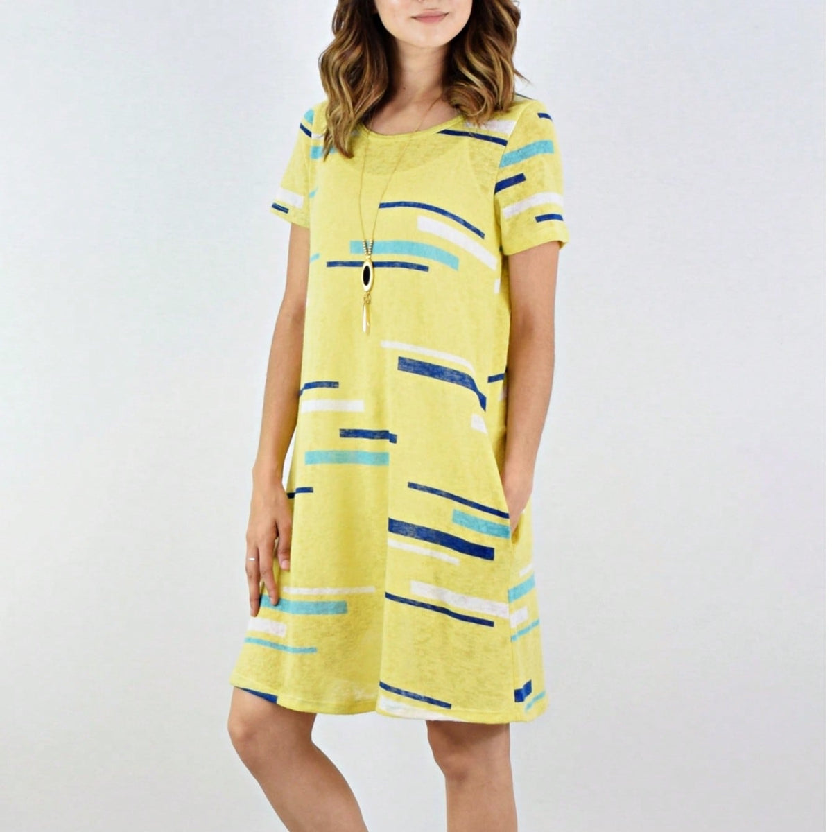 Boho Retro Rayon Cool Soft Summer Cuff Short Sleeve Crew Neck T Shirt Mini Dress Tunic With Pockets