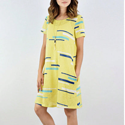 Boho Retro Rayon Cool Soft Summer Cuff Short Sleeve Crew Neck T Shirt Mini Dress Tunic With Pockets