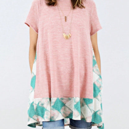 Boho Retro Rayon Cool Soft Summer Cuff Short Sleeve Crew Neck T Shirt Mini Dress Tunic With Pockets