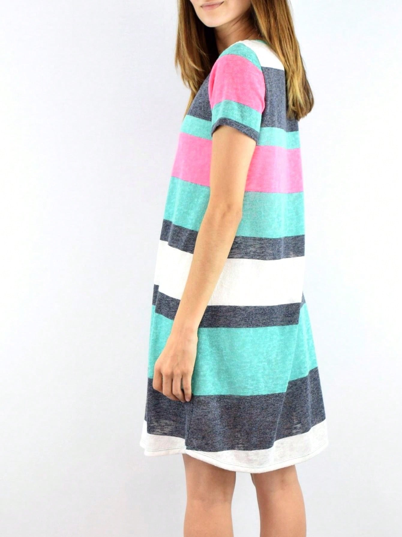 Boho Retro Rayon Cool Soft Summer Cuff Short Sleeve Crew Neck T Shirt Mini Dress Tunic With Pockets