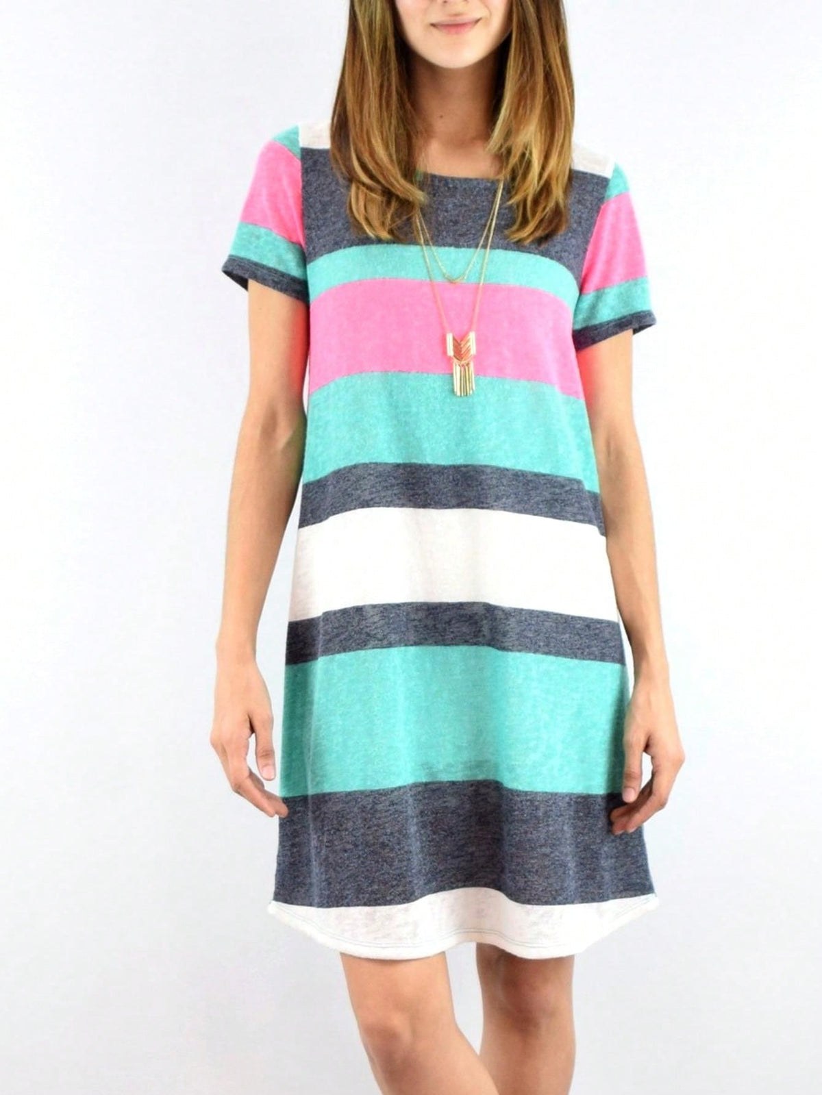 Boho Retro Rayon Cool Soft Summer Cuff Short Sleeve Crew Neck T Shirt Mini Dress Tunic With Pockets