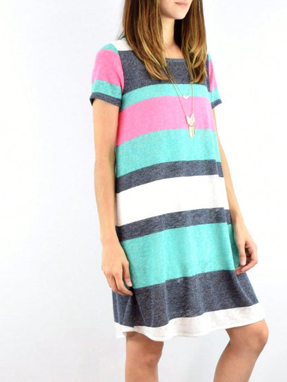 Boho Retro Rayon Cool Soft Summer Cuff Short Sleeve Crew Neck T Shirt Mini Dress Tunic With Pockets