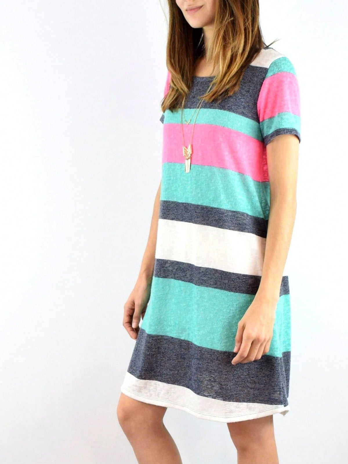 Boho Retro Rayon Cool Soft Summer Cuff Short Sleeve Crew Neck T Shirt Mini Dress Tunic With Pockets