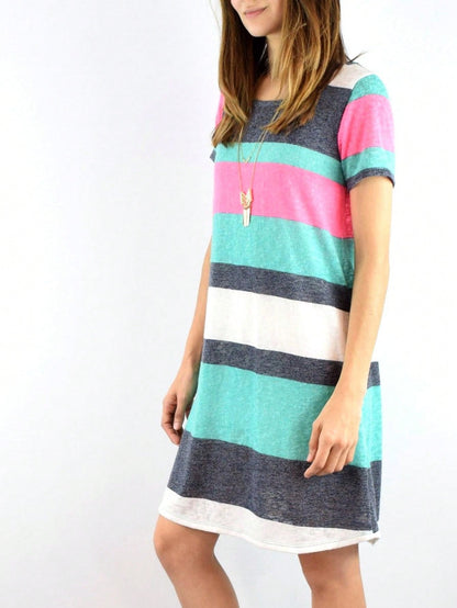 Boho Retro Rayon Cool Soft Summer Cuff Short Sleeve Crew Neck T Shirt Mini Dress Tunic With Pockets